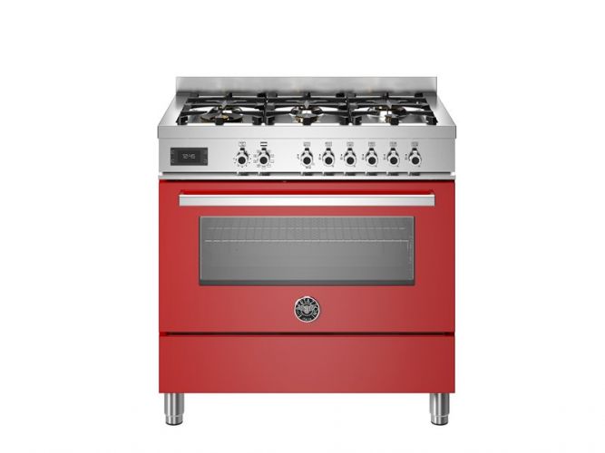 Варочный центр Bertazzoni, 6 газовых конфорок и многофункциональный электрический шкаф, 90 см, красный