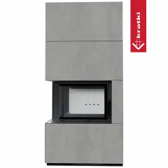 Каминокомплект Kratki PRO FLOKI CEMENTO GRIGIO BOCCIARDATA, угловое стекло слева