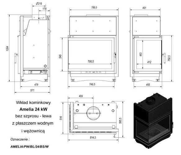 Топка с водяным контуром AMELIA/PW/BL/24/BS/W, Г-образное стекло слева, змеевик