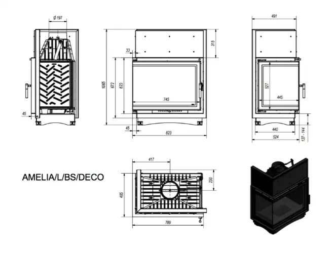 Топка AMELIA/L/BS/DECO, Г-образное стекло слева