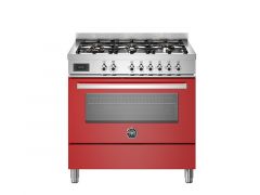 Варочный центр Bertazzoni, 6 газовых конфорок и многофункциональный электрический шкаф, 90 см, красный