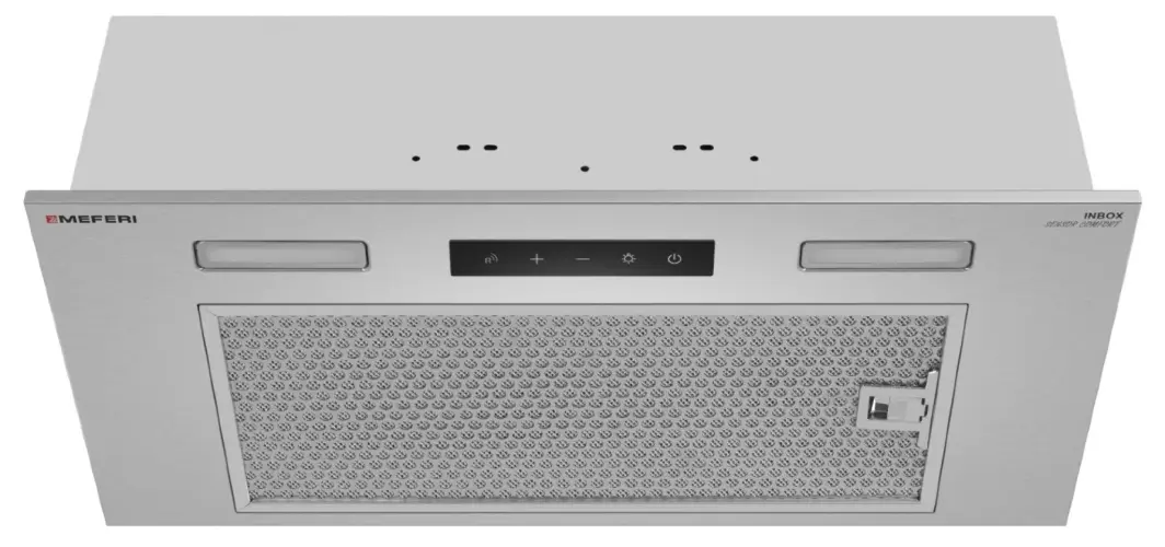 Вытяжка кухонная MEFERI INBOX60IX SENSOR COMFORT на 60 см встраиваемая, серая, производительность 950 м3/ч, 3 скорости, низкий уровень шума, режимы отвод и рециркуляция, сенсорное управление, пульт дистанционного управления, гарантия 3 года