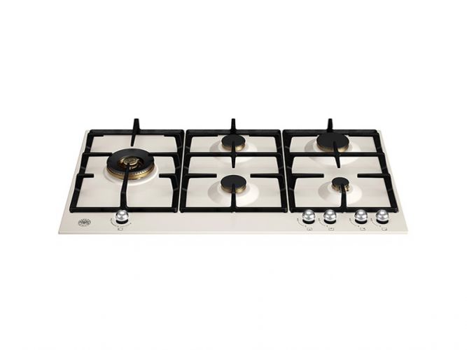 Встраиваемая газовая варочная панель Bertazzoni, с конфоркой dual wok сбоку, 90 см, слоновая кость/хром