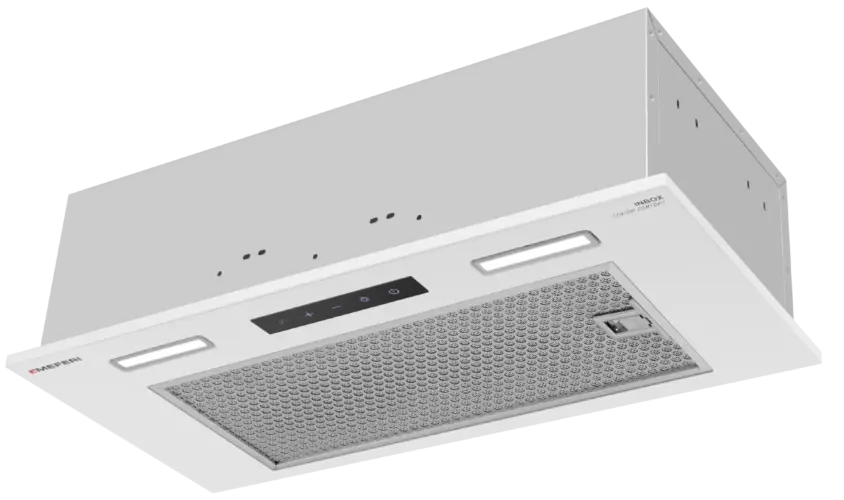 Вытяжка кухонная MEFERI INBOX60WH SENSOR COMFORT, 60 см, встраиваемая, белая, производительность 950 м3/ч, 3 скорости, низкий уровень шума, режимы отвод и рециркуляция, сенсорное управление, пульт дистанционного управления, гарантия 3 года