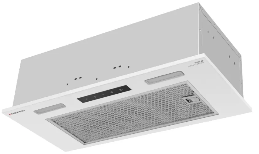 Вытяжка кухонная MEFERI INBOX60WH SENSOR COMFORT, 60 см, встраиваемая, белая, производительность 950 м3/ч, 3 скорости, низкий уровень шума, режимы отвод и рециркуляция, сенсорное управление, пульт дистанционного управления, гарантия 3 года