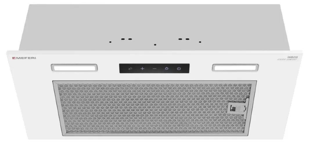 Вытяжка кухонная MEFERI INBOX60WH SENSOR COMFORT, 60 см, встраиваемая, белая, производительность 950 м3/ч, 3 скорости, низкий уровень шума, режимы отвод и рециркуляция, сенсорное управление, пульт дистанционного управления, гарантия 3 года