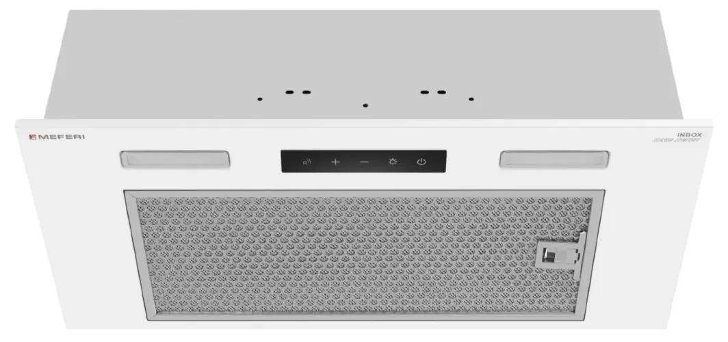 Вытяжка кухонная MEFERI INBOX60WH SENSOR COMFORT, 60 см, встраиваемая, белая, производительность 950 м3/ч, 3 скорости, низкий уровень шума, режимы отвод и рециркуляция, сенсорное управление, пульт дистанционного управления, гарантия 3 года