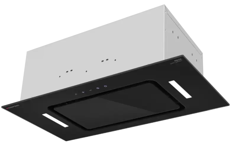 Вытяжка кухонная MEFERI INBOX60BK GLASS COMFORT, 60 см, встраиваемая, черная, стекло, производительность 950 м3/ч, 3 скорости, низкий уровень шума, режимы отвод и рециркуляция, пульт дистанционного управления, гарантия 3 года
