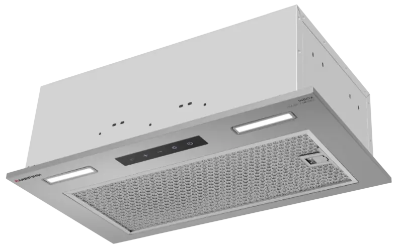 Вытяжка кухонная MEFERI INBOX52IX SENSOR COMFORT, 52 см, встраиваемая, серая, производительность 950 м3/ч, 3 скорости, низкий уровень шума, режимы отвод и рециркуляция, сенсорное управление, пульт дистанционного управления, гарантия 3 года