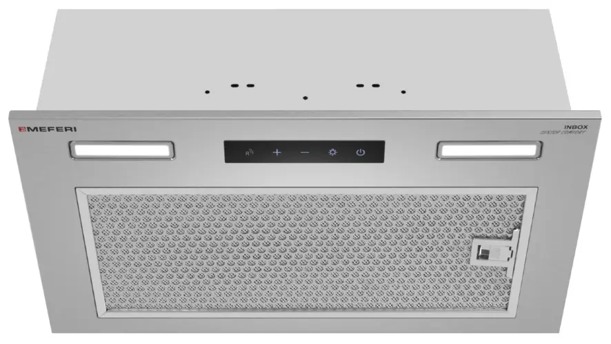 Вытяжка кухонная MEFERI INBOX52IX SENSOR COMFORT, 52 см, встраиваемая, серая, производительность 950 м3/ч, 3 скорости, низкий уровень шума, режимы отвод и рециркуляция, сенсорное управление, пульт дистанционного управления, гарантия 3 года