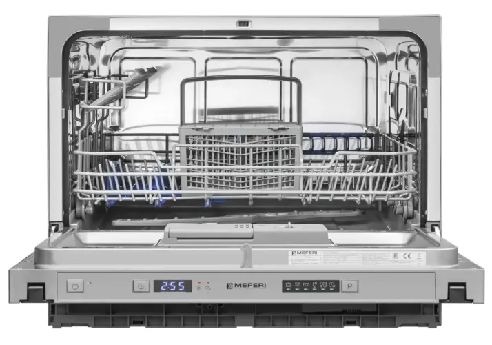 Компактная посудомоечная машина узкая встраиваемая MEFERI MDW4563 COMPACT POWER, 45 см, 6 комплектов посуды, защита от протечек, дозагрузка посуды, отсрочка, таймер