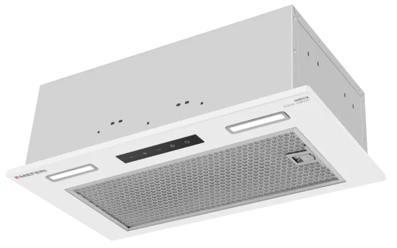 Вытяжка кухонная MEFERI INBOX52WH SENSOR COMFORT, 52 см, встраиваемая, белая, производительность 950 м3/ч, 3 скорости, низкий уровень шума, режимы отвод и рециркуляция, сенсорное управление, пульт дистационного управления, гарантия 3 года