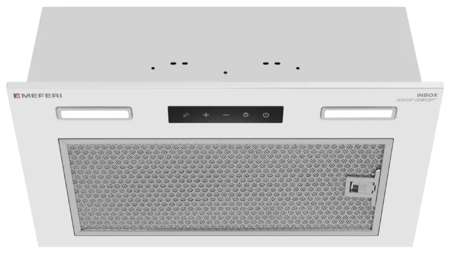Вытяжка кухонная MEFERI INBOX52WH SENSOR COMFORT, 52 см, встраиваемая, белая, производительность 950 м3/ч, 3 скорости, низкий уровень шума, режимы отвод и рециркуляция, сенсорное управление, пульт дистационного управления, гарантия 3 года