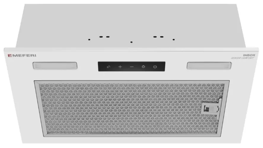Вытяжка кухонная MEFERI INBOX52WH SENSOR COMFORT, 52 см, встраиваемая, белая, производительность 950 м3/ч, 3 скорости, низкий уровень шума, режимы отвод и рециркуляция, сенсорное управление, пульт дистационного управления, гарантия 3 года