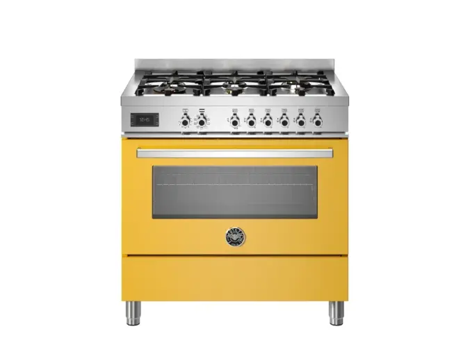 Варочный центр Bertazzoni, 6 газовых конфорок и многофункциональный электрический шкаф, 90 см, желтый