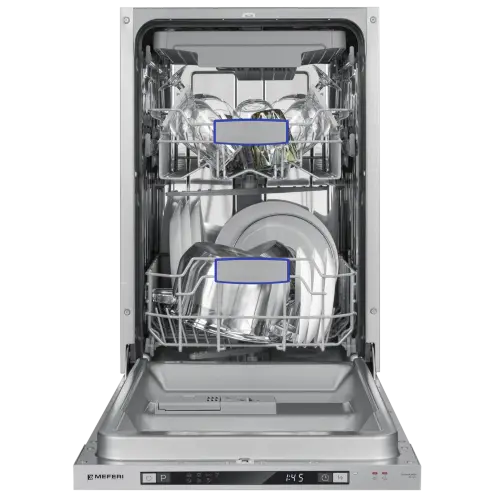Посудомоечная машина узкая встраиваемая MEFERI MDW4573 ULTRA, 45 см, 10 комплектов посуды, 7 программ, 3 корзины, защита от протечек, луч на полу, внутренняя подсветка, половинная загрузка, отсрочка, таймер