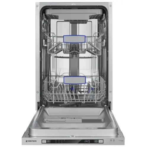 Посудомоечная машина узкая встраиваемая MEFERI MDW4573 ULTRA, 45 см, 10 комплектов посуды, 7 программ, 3 корзины, защита от протечек, луч на полу, внутренняя подсветка, половинная загрузка, отсрочка, таймер