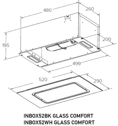 Вытяжка кухонная MEFERI INBOX52WH GLASS COMFORT, 52 см, встраиваемая, белая, стекло, производительность 950 м3/ч, 3 скорости, низкий уровень шума, режимы отвод и рециркуляция, пульт дистанционного управления, гарантия 3 года