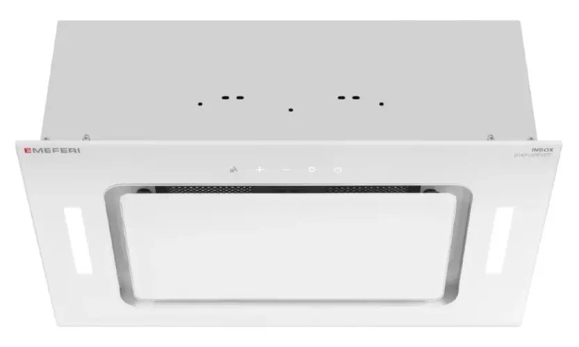 Вытяжка кухонная MEFERI INBOX52WH GLASS COMFORT, 52 см, встраиваемая, белая, стекло, производительность 950 м3/ч, 3 скорости, низкий уровень шума, режимы отвод и рециркуляция, пульт дистанционного управления, гарантия 3 года