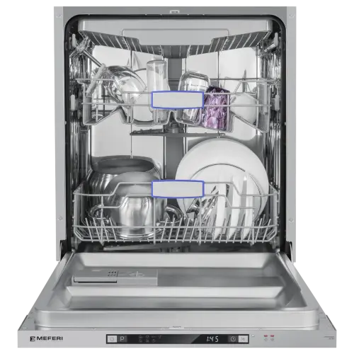 Посудомоечная машина встраиваемая MEFERI MDW6073 ULTRA, 60 см, напольная, 14 комплектов посуды, 7 программ, 3 корзины, луч на полу, внутренняя подсветка, половинная загрузка