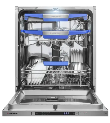 Посудомоечная машина встраиваемая MEFERI MDW6073 COMFORT, 60 см, напольная, 14 комплектов посуды, 7 программ, 3 корзины, автооткрывание, аквастоп, луч на полу, внутренняя подсветка, половинная загрузка